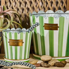 Grass Green Stripe Pots & Saucers, Set of 3