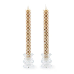 Mocha Check Flameless Dinner Candles, Set of 2